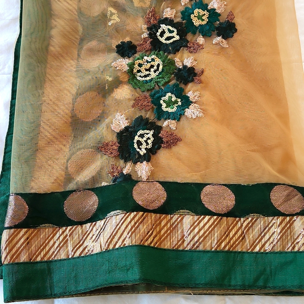 Women's net material dupatta with stunning threadwork & sequins in green & gold
